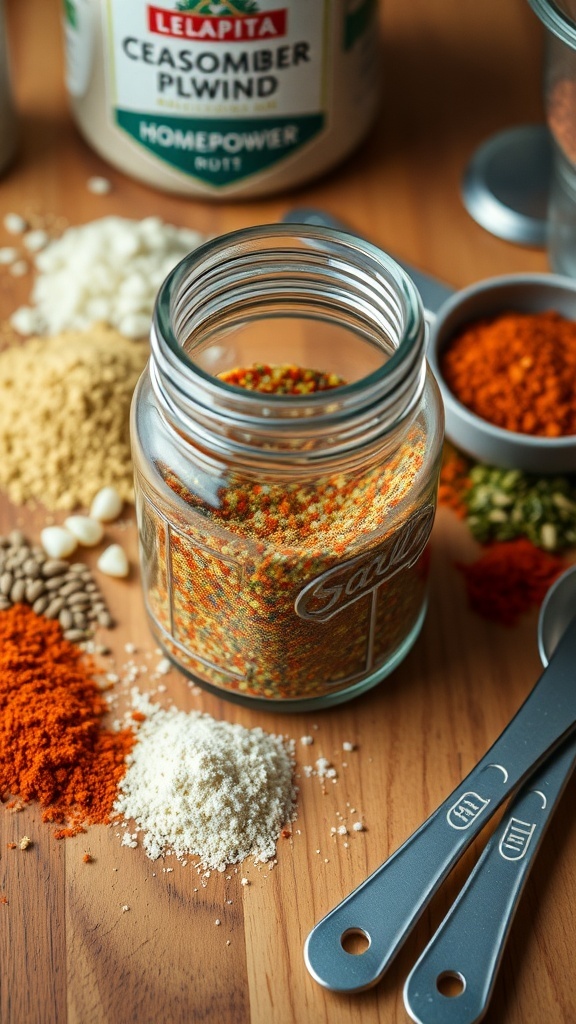 Homemade Seasoning Blend Recipe A jar of homemade seasoning blend with spices on a wooden countertop.